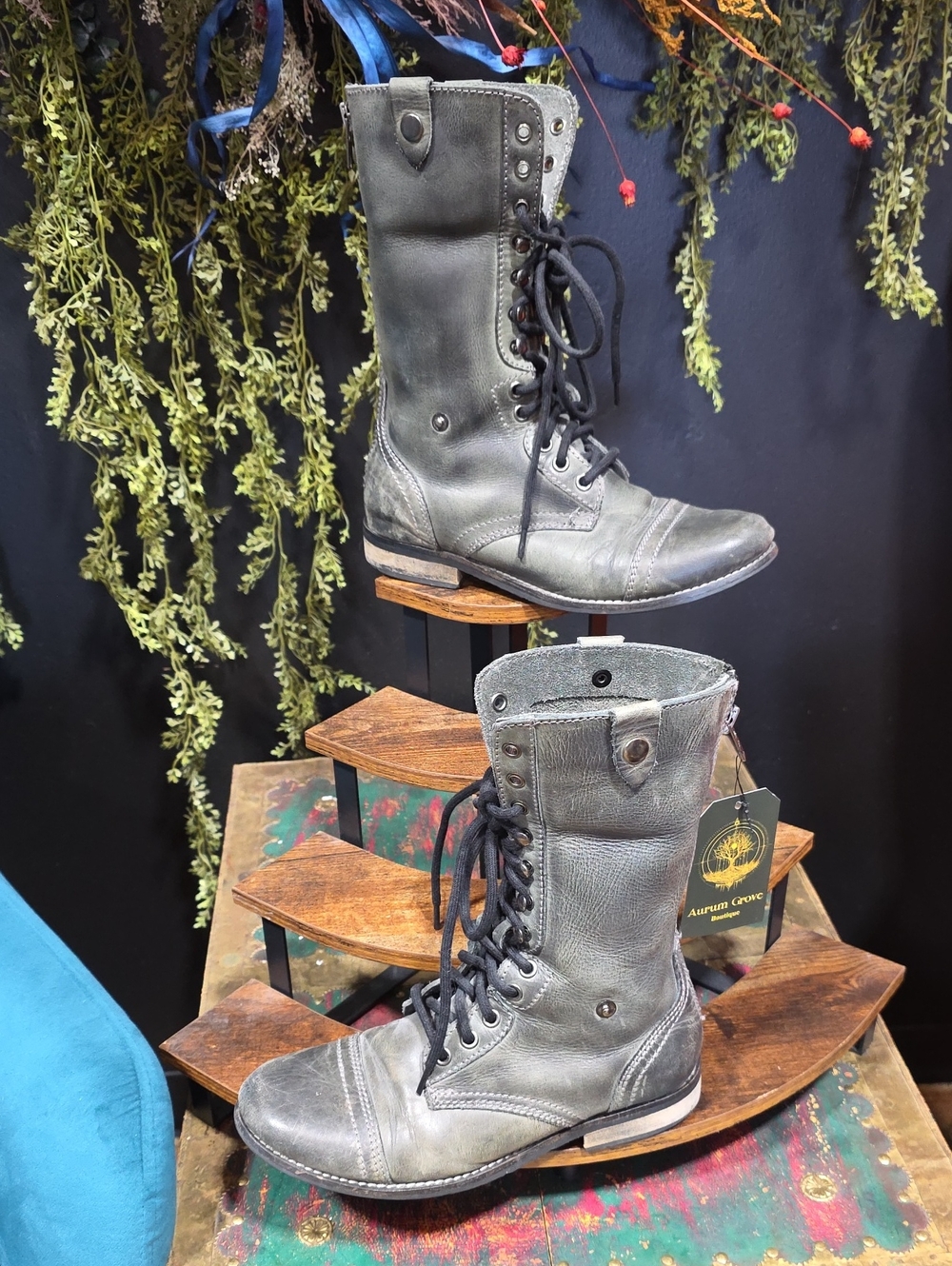 Diba Green/ Gray Lace-Up Combat Leather Boots